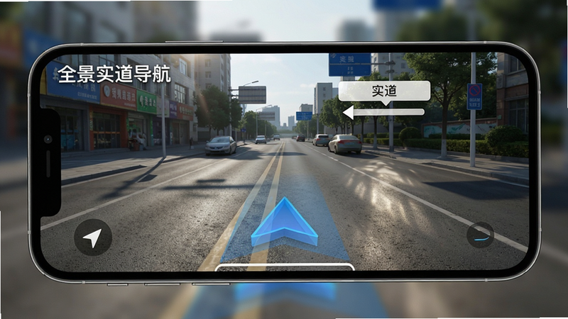 手机横屏显示全景实道导航的AR实景模式,前方道路画面中悬浮着半透明的蓝色箭头和白色路名标签,画面左上角有“全景实道导航”水印,主体是真实街道与虚拟指示的融合,布局平衡,风格写实科技,细节包括光线反射和箭头投影,画质细腻,干净无多余元素