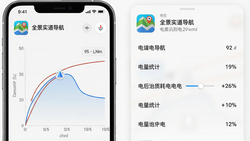 一张展示全景实道导航在手机后台运行时的电池消耗曲线图,主体为手机屏幕截图与电量统计列表,布局清晰,风格简洁,细节包括“全景实道导航”应用图标和后台耗电比例,画质干净无多余元素