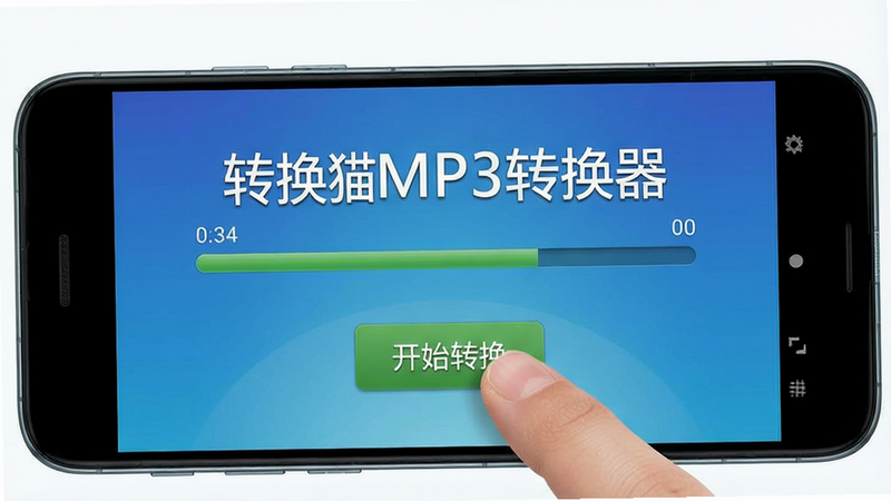 一张展示转换猫MP3转换器在安卓手机上操作过程的截图,手指点击