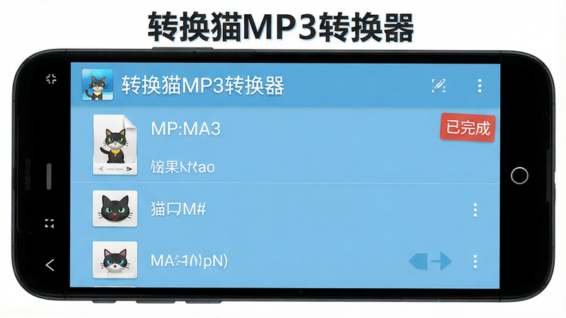 一张展示转换猫MP3转换器在安卓手机上完成转换后的结果界面,显示文件列表和