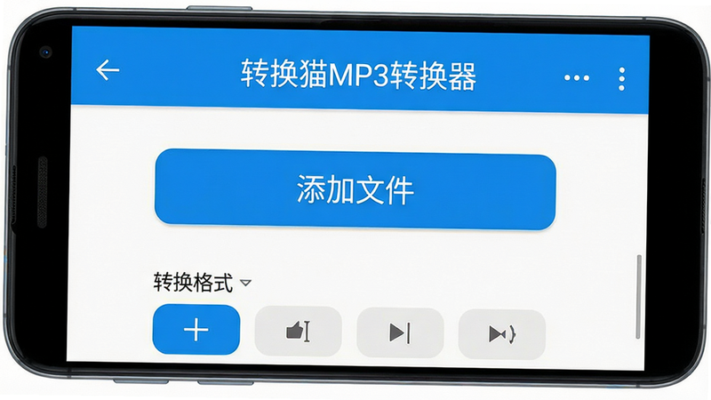 一张展示转换猫MP3转换器在安卓手机屏幕上运行的界面截图,界面设计简洁明亮,主色调为蓝色和白色,顶部显示软件名称