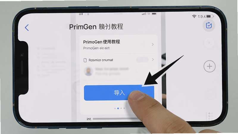 PrimoGen使用教程截图,手机画面展示导入报告步骤,手指点击“导入”按钮,界面有箭头指示,背景为浅灰色,风格简洁,画质清晰,干净无多余元素