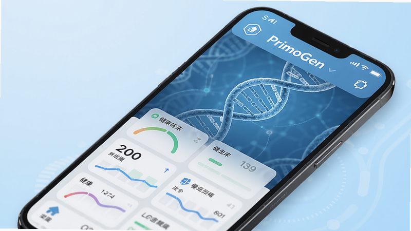 PrimoGen主界面展示,一款基因检测应用,手机屏幕显示基因螺旋结构图和各种健康指标卡片,背景为浅蓝色科技感渐变,界面简洁现代,图标精致,整体风格专业且亲和,高清渲染,干净背景,无多余元素