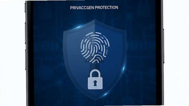 PrimoGen隐私保护界面,手机屏幕显示指纹解锁图标和加密锁标志,背景为深蓝色安全风格,界面简洁,有盾牌元素,画质清晰,风格专业,干净无多余元素