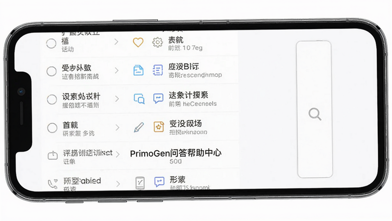 PrimoGen问答帮助中心,手机屏幕显示常见问题列表和搜索框,背景为白色,界面友好,风格简洁,画质清晰,干净无多余元素