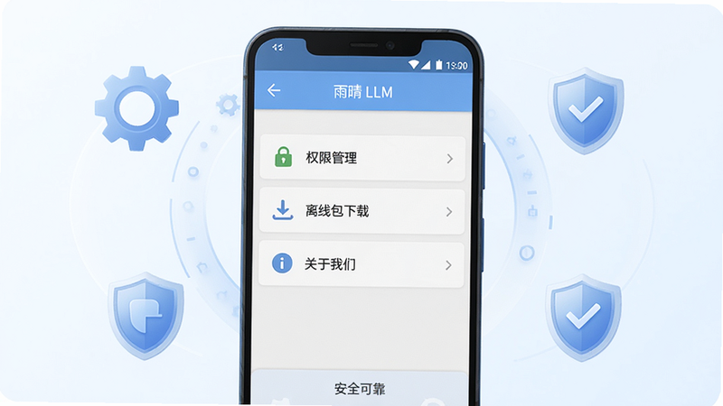 主体:一部安卓手机屏幕显示“雨晴 LLM”的设置界面,界面上有“权限管理”、“离线包下载”、“关于我们”等选项。布局:手机居中,周围有齿轮和盾牌图标。排版:屏幕内容清晰,选项排列有序。风格:简洁的科技风,浅色背景。细节:设置项有图标点缀,底部有“安全可靠”字样。画质:高清,干净,无多余元素。