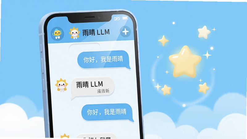 主体:一部亮屏的安卓智能手机,屏幕中显示“雨晴 LLM”的聊天界面,界面上有可爱的晴天娃娃图标和对话气泡。布局:手机居中偏左,右侧悬浮着几颗发光的小星星和柔和的光晕,底部有淡淡的云朵阴影。排版:手机屏幕内容清晰可见,对话气泡排列整齐,上方有“雨晴 LLM”文字标识。风格:扁平化插画风格,色彩明快清新,以天蓝色和白色为主色调,整体氛围轻松、智能、亲民。细节:手机边框圆润,屏幕反射微光,星星带有闪光效果,气泡中有文字“你好,我是雨晴”。画质:高清渲染,干净,无多余元素。