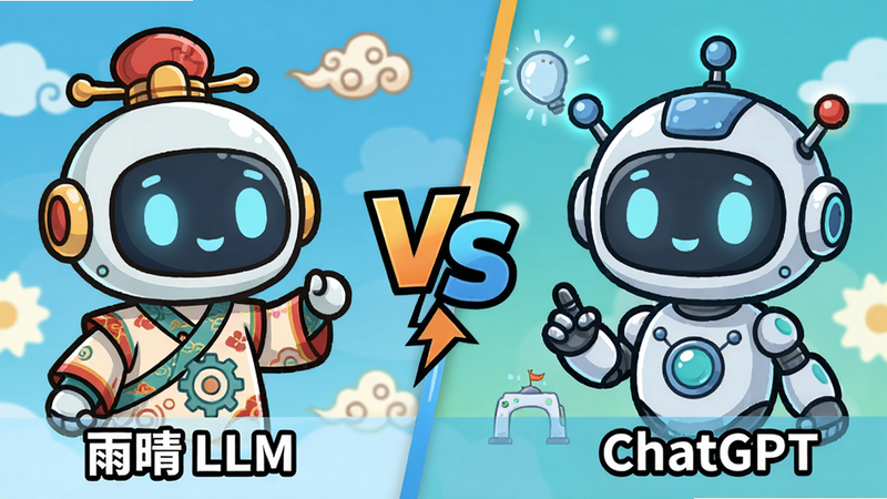 主体:两个并列的机器人形象,左边一个标注“雨晴 LLM”,右边一个标注“ChatGPT”,中间有对比的箭头。布局:左右对称,中间有“VS”字样。排版:文字清晰,机器人形象可爱。风格:卡通插画风,色彩鲜艳。细节:左边机器人带有中国风元素,右边机器人带有西方元素。画质:高清,干净。