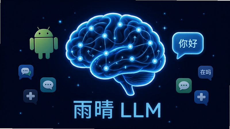 主体:一个发光的蓝色大脑形状,内部有数字节点连接,左侧悬浮一个安卓机器人图标,右侧有对话气泡。布局:大脑居中偏上,下方有“雨晴 LLM”字样,两侧分布着各种聊天图标。排版:大脑结构清晰,节点连线有序,文字“雨晴 LLM”置于底部中央。风格:科技感插画,深蓝背景配霓虹蓝光效,简洁现代。细节:大脑表面有流动的光线,节点闪烁,对话气泡内有“你好”、“在吗”等字样。画质:高清,干净,无多余元素。