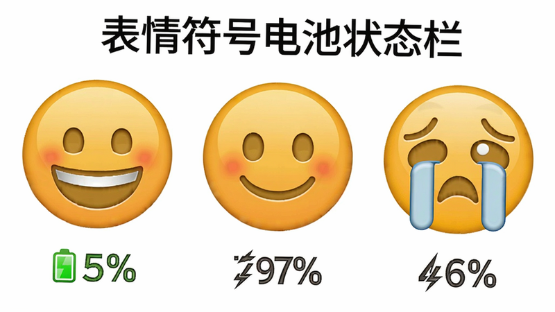一组不同电量状态下的Emoji表情对比图,从左到右依次是满电笑脸、中等电量微笑、低电量的哭脸,每个表情下方标注对应电量百分比,背景为简洁白色,画质清晰,排版整齐,突出“表情符号电池状态栏”的表情变化