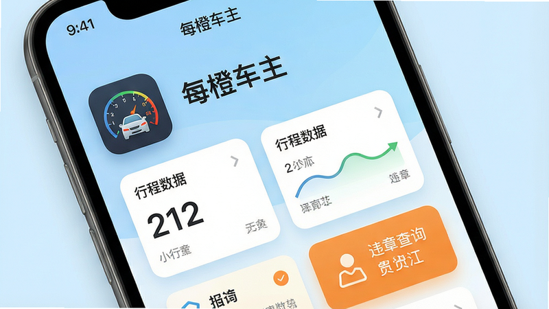 一张智能手机屏幕展示“每橙车主”应用主界面的高清截图,界面布局清晰,包含车辆仪表盘图标、行程数据统计卡片、违章查询入口,背景为简洁的浅蓝色渐变,现代扁平化设计风格,细节丰富,画质干净,无多余元素