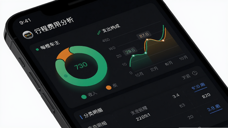 手机屏幕展示“每橙车主”的行程费用分析报表,以圆环图和折线图形式呈现收入与支出构成,绿色代表收入,橙色代表支出,底部有分类明细列表,界面设计注重数据可视化,排版整齐,背景为深色模式,风格科技感强,画质干净,无多余元素