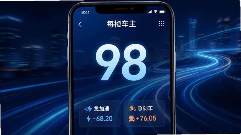 手机应用界面展示“每橙车主”驾驶评分结果,一个大大的数字评分“98”位于屏幕中央,下方有“急加速”和“急刹车”次数统计,背景有动态的车辆行驶轨迹线条,风格充满科技感与动感,蓝色主色调,画质高清,无多余元素