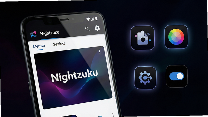 主体:一部亮屏的安卓智能手机,屏幕显示Nightzuku软件界面,背景为沉浸式深色动态渐变。布局:手机居中偏左,右侧悬浮展示几个核心功能图标(图标重绘、色彩盘、动效开关)。排版:界面层级分明,主菜单栏与预览区域清晰可见,屏幕中显示“Nightzuku”字样。风格:科技感与极简美学结合,高对比度,光影细腻。细节:屏幕反射出微弱的环境光,图标边缘有流畅的发光效果。画质:8K超清,干净,无多余元素。