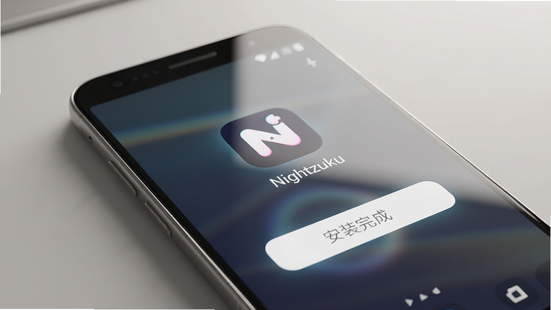 主体:一部手机正在安装应用的界面,屏幕上显示“安装完成”按钮,背景是简洁的安卓桌面。布局:居中构图,手机屏幕发光。排版:界面显示“Nightzuku”应用图标。风格:写实风格,光线柔和。细节:手机边缘有金属质感,屏幕反射光晕。画质:高清晰度,干净,无多余元素。
