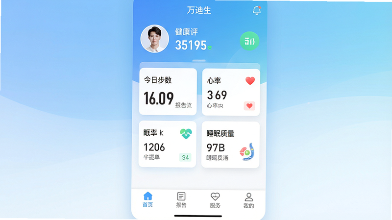 һ��չʾ�����APP������ĸ����ͼ�����������¼�࣬������ʾ�û�ͷ��ͽ������֣��в��Կ�Ƭʽ���ֳ��ֽ��ղ��������ʺ�˯�������Ⱥ������ݣ��ײ����С���ҳ���������桱�������񡱺͡��ҵġ��ĸ�������ǩ������ɫ������ɫ�Ͱ�ɫΪ����������͵Ľ��䱳�������������ɾ����޶���Ԫ��