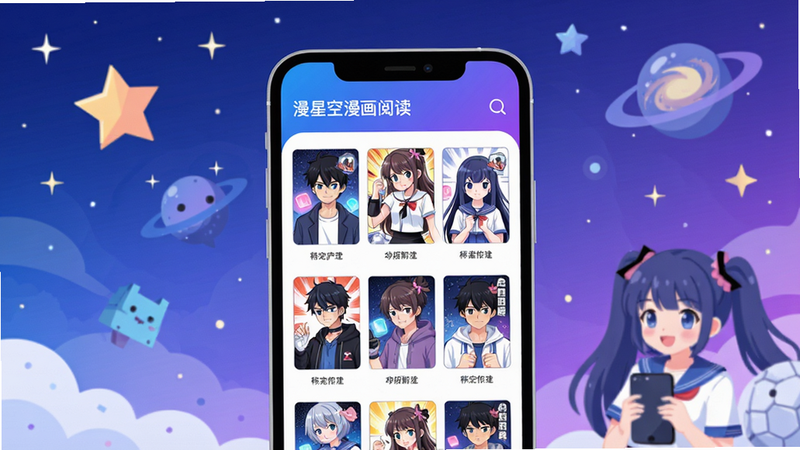 漫星空漫画阅读APP主视觉图,画面中央为手机屏幕展示漫画书架,背景是星空与二次元元素,整体风格清新明亮,采用蓝紫渐变色调,扁平化设计,干净无多余元素,画质高清