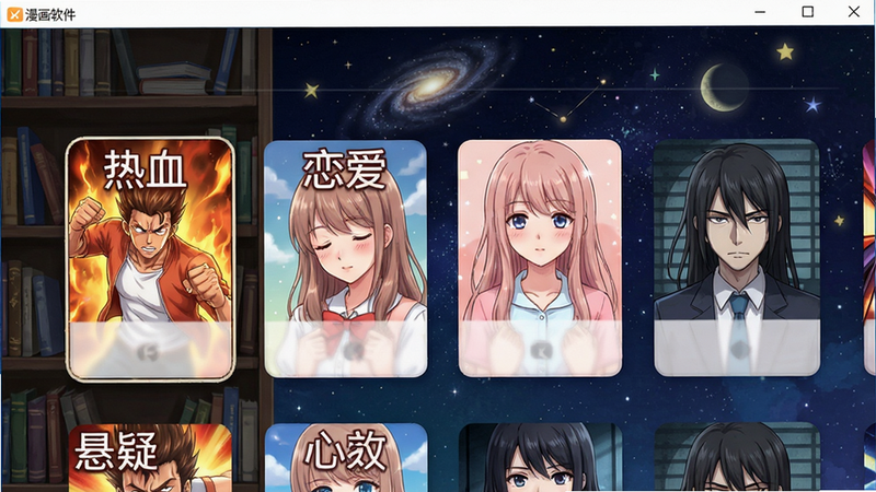 漫星空软件界面截图风格,展示漫画分类列表,包含“热血”、“恋爱”、“悬疑”等标签,背景为书架与星空,UI设计简洁,色彩明快,高清画质,无多余元素