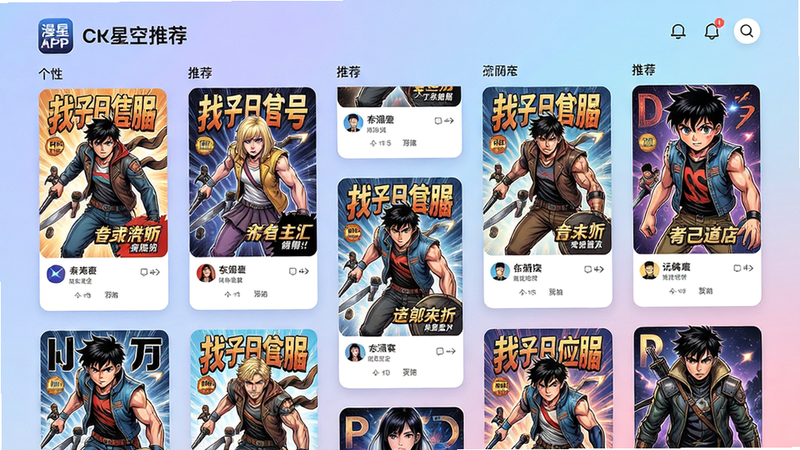 漫星空APP推荐页面,展示个性化推荐漫画封面,布局为瀑布流卡片,背景为柔和渐变,风格现代,UI清晰,画质高清,干净无多余元素