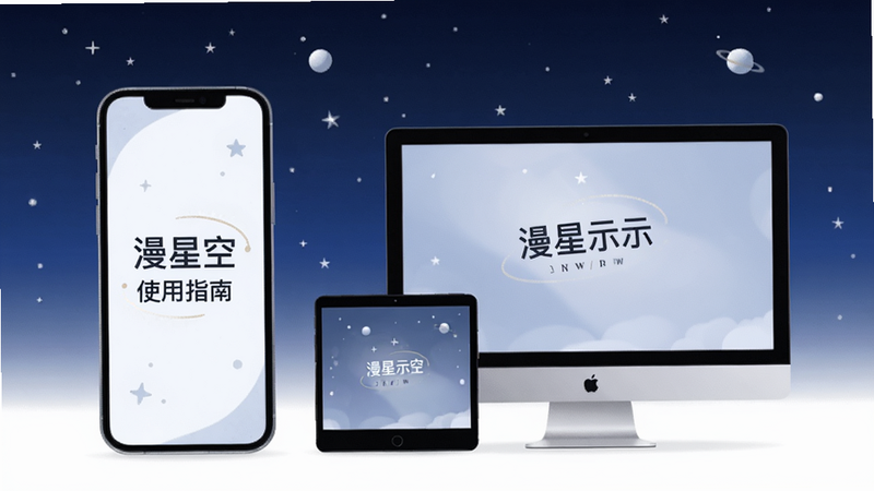 漫星空使用指南插图,手机与电脑同步阅读示意图,背景为星空与设备,风格简约,画质干净,无多余元素