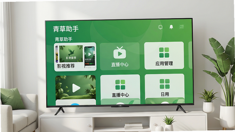 主体:青草助手软件主界面展示,一台智能电视屏幕上显示青草助手的首页布局,包含“影视推荐”、“直播中心”、“应用管理”等模块,界面色彩清新以绿色为主色调。布局:电视屏幕居中,周围有简约的客厅背景,沙发和绿植点缀,整体画面平衡。排版:屏幕内容清晰可辨,图标排列整齐,文字标签醒目。风格:扁平化设计,现代感强,色调明快。细节:屏幕上有“青草助手”字样,UI元素精致,光影柔和。画质:4K高清,干净无多余元素,渲染细腻。