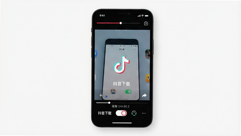 主体:手机屏幕显示抖音播放页面,视频正在加载,顶部有进度条,底部有清晰度切换选项,布局为手机居中,背景为简约白色,排版直观,风格干净利落,细节包含“抖音下载”字样,画质高清无杂物