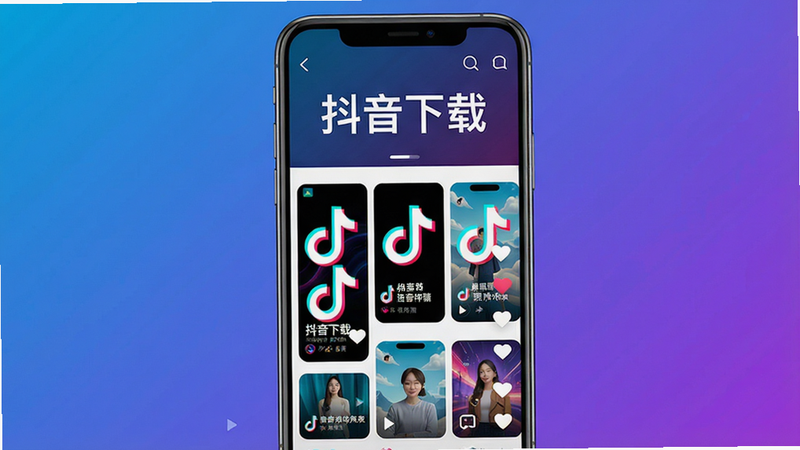 主体:一部智能手机屏幕显示抖音APP主界面,上方有“抖音下载”字样,下方是各类竖版短视频封面缩略图,布局为手机居中,背景为渐变的蓝紫色调,排版简洁,风格现代科技感,细节包括播放按钮、点赞心形图标,画质高清且干净,无多余元素