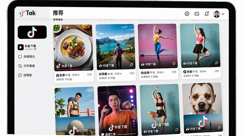 主体:一台平板电脑显示抖音推荐页面,屏幕上有多个视频卡片,每张卡片展示不同类别内容,如美食、旅行、舞蹈,布局为网格状排列,排版整齐,风格明亮活泼,细节包含“抖音下载”字样,画质清晰干净,无多余元素