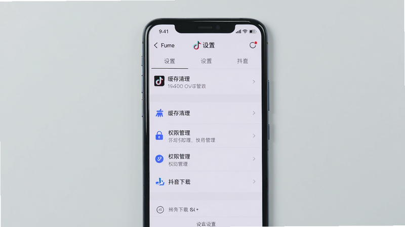 主体:手机屏幕显示抖音设置页面,包含“缓存清理”、“权限管理”等选项,布局为手机居中,背景为淡灰色,排版清晰,风格简洁,细节包含“抖音下载”字样,画质干净无杂物