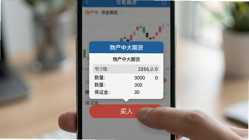 主体:手指点击手机屏幕上的“买入”按钮,弹出交易确认窗口。布局:手机占据画面中心,背景虚化处理。排版:突出交易界面的简洁与清晰。风格:写实风格,光线柔和。细节:窗口显示“物产中大期货”字样,价格、数量、保证金等信息。画质:超清,干净,无多余元素。