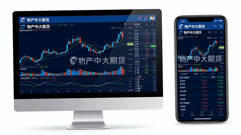 主体:电脑与手机并排展示“物产中大期货”行情界面。布局:左侧电脑显示K线图与指标,右侧手机显示相同品种的实时报价。排版:对比式布局,强调多端同步。风格:科技感,蓝色主调。细节:图表中标注“物产中大期货”Logo与水印。画质:高清,干净,无多余元素。