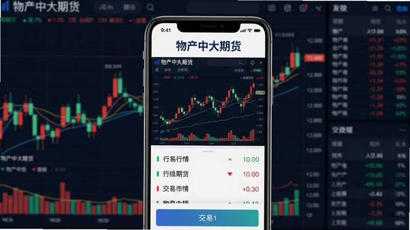 主体:智能手机屏幕展示“物产中大期货”APP界面,背景为动态K线图与数据面板。布局:手机居中,屏幕内容清晰可见,上方显示“物产中大期货”品牌字样,下方为行情列表与交易按钮。排版:采用金融科技风格,信息层级分明。风格:写实渲染,现代商务感。细节:屏幕中展示红绿涨跌数据,图表线条流畅。画质:8K超高清,干净,无多余元素。