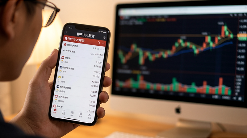 主体:用户手持手机查看“物产中大期货”持仓页面,背景为交易K线图。布局:人物在左侧,手机屏幕朝向镜头,右侧为模糊的电脑屏幕。排版:人物与设备形成对角线构图。风格:生活化写实,暖色调。细节:手机屏幕显示“物产中大期货”持仓列表。画质:高清,干净,无多余元素。