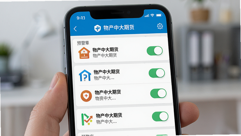 主体:手机屏幕展示“物产中大期货”预警设置页面。布局:页面中央为预警条件列表,顶部为状态栏。排版:简洁列表式布局。风格:扁平化设计,色彩明快。细节:预警条件旁有开关按钮,并显示“物产中大期货”标识。画质:高清,干净,无多余元素。