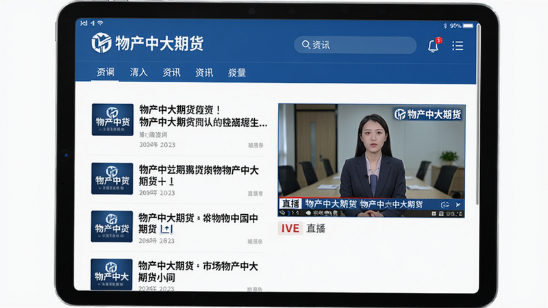 主体:平板电脑展示“物产中大期货”资讯页面,有新闻列表与直播窗口。布局:平板居中,左侧为文字资讯,右侧为视频直播画面。排版:左右分栏,信息丰富。风格:现代商务,蓝色与白色搭配。细节:资讯标题清晰,直播画面带有“物产中大期货”角标。画质:高清,干净,无多余元素。