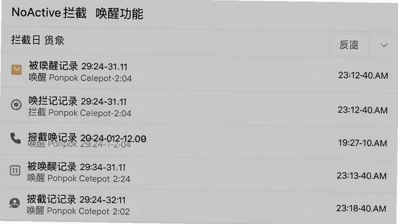 NoActive拦截唤醒功能截图,主体为拦截日志列表,布局列表式,风格简洁直观,细节显示被拦截的唤醒记录与时间戳,画质干净,无多余元素