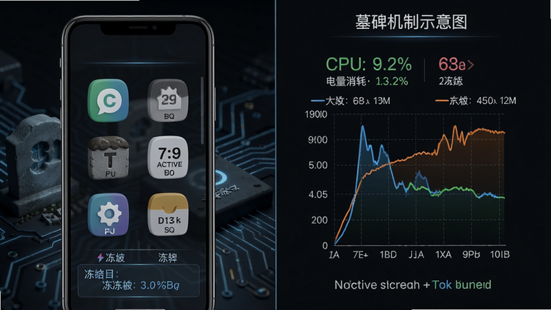 NoActive墓碑机制示意图,主体为手机后台应用被冻结的对比展示,布局左右分栏,风格写实科技,细节显示冻结前后CPU占用与电量消耗曲线,画质清晰,干净无多余元素