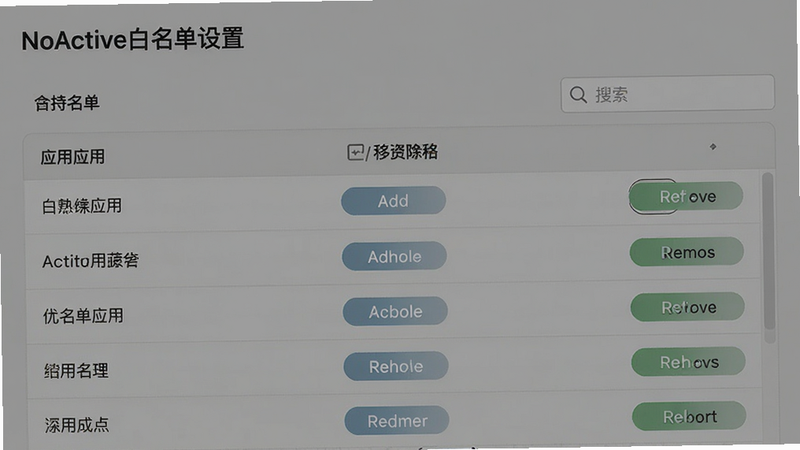 NoActive白名单设置界面,主体为白名单应用列表,布局清晰,风格清爽,细节显示添加/移除按钮与搜索框,画质干净,无多余元素