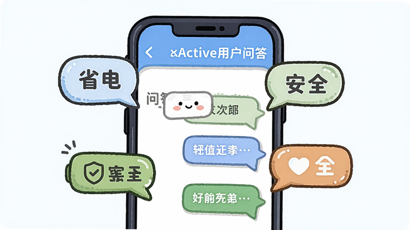 NoActive用户问答示意图,主体为手机屏幕显示问答界面,布局居中,风格卡通友好,细节包含“省电”“安全”等关键词气泡,画质清晰,干净无多余元素