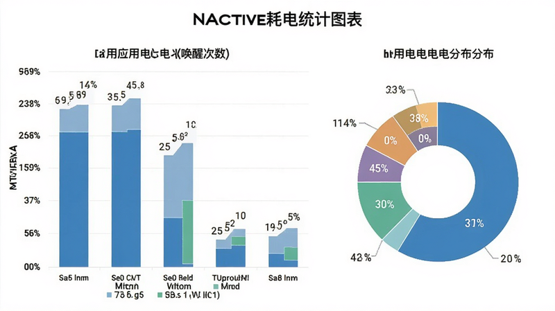 NoActive耗电统计图表,主体为条形图与饼图展示耗电分布,布局数据可视化,风格商务简洁,细节显示各应用耗电比例与唤醒次数,画质清晰,无多余元素
