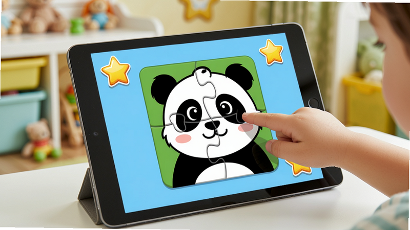 ��������Ϊ��ͯС�����ڵ��ƽ������ϵĶ���ƴͼ��Ϸ����Ļ����һֻ��èƴͼ���һ�룬�Ա������ǽ���ͼ�꣬����Ϊ��ܰ�Ķ�ͯ�������岼�����������Ϊʵ���뿨ͨ��ϣ�ϸ�ڷḻ�����ʸ��壬�ɾ��޶���Ԫ�أ����ֿ��ֱ���ѧ����Ļ�����Ϸ����