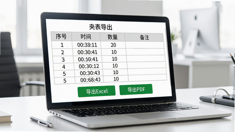 ���ֽ�ֹ�APP�ı����������棬��Ļ����ʾһ�����񣬱������С���š�����ʱ�䡱����������������ע�����У��·��С�����Excel���͡�����PDF��������ɫ��ť������Ϊ�칫���棬��һ̨�ʼǱ����ԣ��������࣬���߳��㣬���ʸ��壬�ɾ��޶���Ԫ��