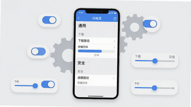 主体:一部手机显示“闪电觅”的设置页面,背景有齿轮图标和几个设置选项。布局:手机居中,背景为浅灰色,周围有悬浮的开关控件和调节滑块。排版:设置项分为“通用”、“下载”、“安全”等分组,文字清晰。风格:极简扁平,颜色以白灰为主,搭配蓝色高亮。细节:屏幕内显示“下载路径”选项,并有存储空间条。画质:干净,无多余元素。