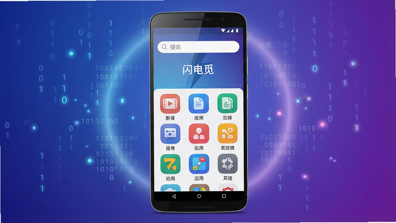 主体:一部亮屏的安卓手机,屏幕中央显示“闪电觅”APP的简洁主界面,界面顶部有搜索框,下方是分类图标网格。布局:手机居中,背景为渐变的蓝紫色科技光效,周围有轻微的光晕和悬浮的二进制数字粒子。排版:手机屏幕内UI布局清晰,图标整齐排列,突出搜索框。风格:现代扁平化结合科技感,色彩明亮,对比鲜明。细节:界面图标精致,包括影音、文档、应用等,屏幕反射出细微光泽,整体画面干净无杂物。画质:高清渲染,分辨率高,干净,无多余元素。