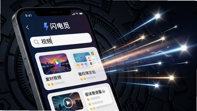 主体:一部手机特写,屏幕显示“闪电觅”搜索界面,搜索框内输入“视频”二字,下方快速列出多个结果卡片。布局:手机占据画面左侧,右侧悬浮着几道速度线条和闪光效果,暗示极速。排版:界面结果卡片清晰,有缩略图和标题,背景为深色科技纹理。风格:写实与数字艺术结合,强调速度感。细节:速度线带有光轨,手机屏幕内容锐利,色彩浓郁。画质:高清晰度,无多余元素,主体突出。