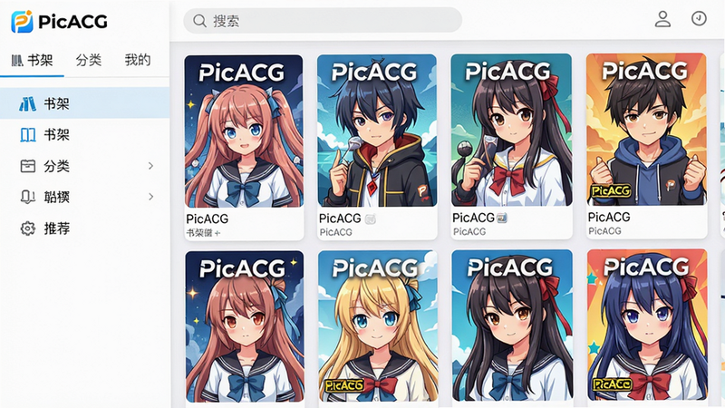 ���壺PicACG����Ӧ�ý��棬չʾ��ܺ��Ƽ��������棻���֣����Ϊ���ർ�������Ҳ�Ϊ����״���������б������������������Ű棺�����������У������ȣ�����������������񣺶���Ԫ�������ɫ��������������ƽ����ƣ�ϸ�ڣ����������PicACG��Logo�������С���ܡ��������ࡱ�����ҵġ���ǩ�����ʣ����壬�ɾ����޶���Ԫ��