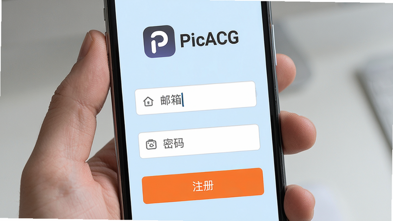 ���壺�ֻ���Ļ��ʾPicACGע��ҳ�棻���֣��Ϸ�ΪӦ��Logo���м�Ϊ������������������򣬵ײ�Ϊ��ע�ᡱ��ť���Ű棺������ֱ���У���ť��Ŀ�������ˬUI������������ϸ�ڣ�Logo���С�PicACG���������������ͼ����ʾ�����ʣ����壬�ɾ����޶���Ԫ��