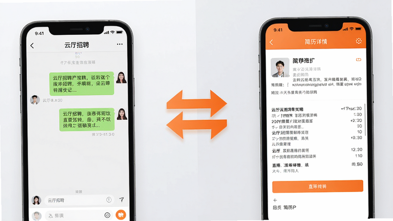 主体为两台手机屏幕的对比图,左屏显示“云厅招聘”聊天界面,右屏显示简历详情,屏幕之间有一个双向箭头图标,表示直聊功能,背景为柔和的浅灰色。布局左右分明,排版直观,采用活泼的橙色点缀,风格写实,画质细腻,干净无多余元素。