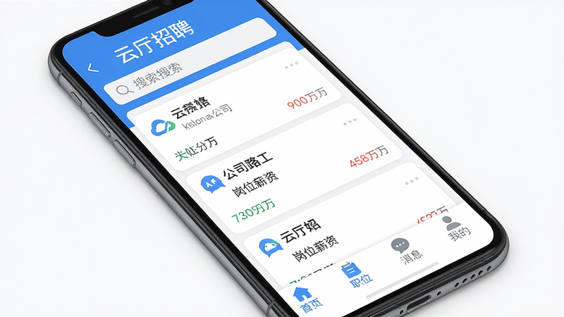 主体为一部智能手机屏幕,屏幕内显示“云厅招聘”应用主界面,界面顶部有搜索栏,中间为职位列表卡片,卡片上标有公司名称和岗位薪资,底部导航栏有“首页”、“职位”、“消息”、“我的”四个图标。整体布局清晰,排版简洁,采用蓝色与白色为主色调,扁平化设计风格,界面细节丰富,画质高清,画面干净,无多余元素。