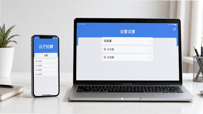 主体为一部手机与一台笔记本电脑并排摆放,屏幕中均显示“云厅招聘”的“设置”界面,背景为简洁的桌面环境。布局左右平衡,排版清晰,风格写实,细节丰富,画质高清,干净无多余元素。